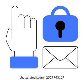 Große Hand, die nach oben zeigt, blau gesichertes Vorhängeschloss und umrissener Umschlag. Ideal für Cybersicherheit, E-Mail-Sicherheit, Datenschutz, Datenschutz und sichere Kommunikationsthemen. Minimalistin