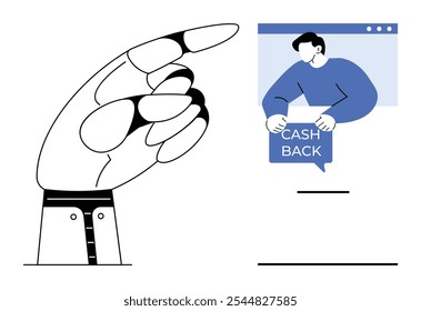 Large hand points at person holding cash back message. Ideal for marketing, financial services, promotions, online shopping, and rewards programs. Minimalist style
