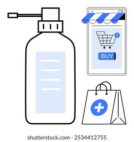 Large hand sanitizer bottle with a pump is shown next to a smartphone displaying a shopping cart and a shopping bag with a medical cross. Ideal for online shopping, medical supplies, healthcare