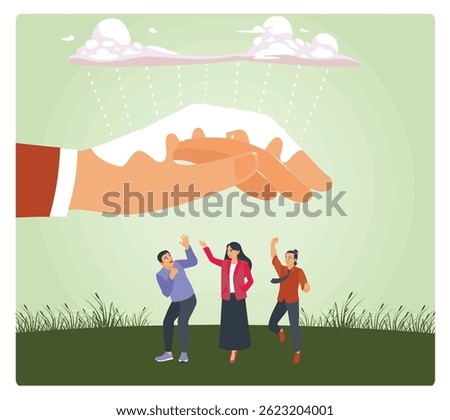 A large hand shielding three individuals from rain, symbolizing boss or manager protection and care team and colleagues. employee care concept. Flat vector illustration