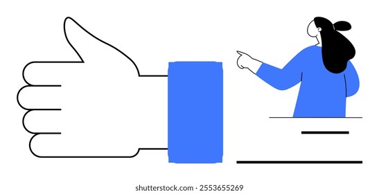 Large hand with a thumbs-up gesture next to a person pointing right. Ideal for approval contexts, positive feedback, social media, teamwork encouragement, and supportive messages. Simple modern lines