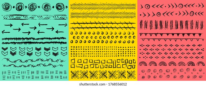 large hand-drawn kit artistic universal patterns with abstract spots, dashes, dots, circles, crosses and waves. Black hand drawn template design elements. Various shapes and doodle objects. Vector