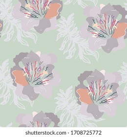 Large, hand-drawn lilac peonies flowers on a cream sage green color background. Simple vector seamless pattern. Design for fabric and wallpaper.