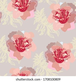 Las grandes peonías rojas dibujadas a mano con flores en un fondo de crema beige.Sencillo patrón vectorial sin fisuras. Diseño de tela y papel pintado.