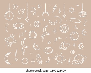 A large hand-drawn set of celestial bodies and mystical magical elements in vintage boho style. Illustration for a sticker or printed design. Celestial illustrations-moon, sun, stars.