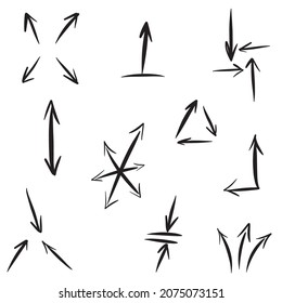 A large handmade vector set of straight arrows showing different directions up, down, right, left, apart, in a circle, burrowing into each other, coming out of, multidirectional. 