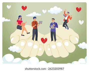 Large hands carrying diverse professionals amidst clouds and heart shapes, encapsulating wellbeing, help, support and protection of business team. Employee care concept. Flat vector illustration