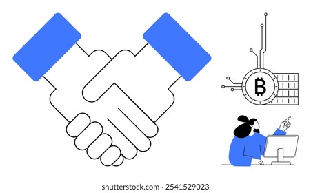 Large handshake in blue and white, a Bitcoin symbol connected to a circuit, and a person pointing at a computer screen. Ideal for cryptocurrency, collaboration, technology, blockchain, and digital