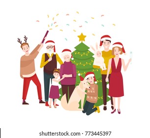 Large happy family celebrating Christmas. Smiling cartoon people in santa hats standing around spruce tree decorated by garlands. Holiday party. Festive colorful vector illustration in flat style.