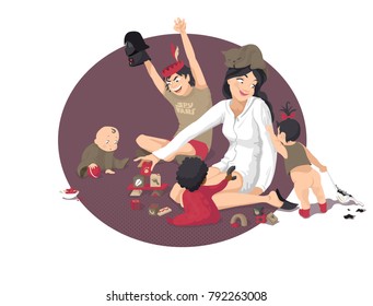 Large happy family. The mom plays with her four children. Detailed funny illustration.