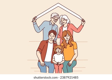 Gran familia feliz de padres jubilados e hijos milenarios con nietos bajo el techo de la casa. Concepto de reubicación de familias de diferentes generaciones a nuevas casas compradas con hipoteca