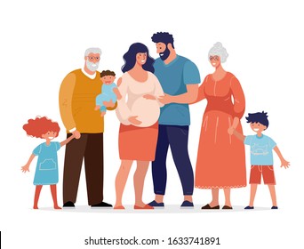 A large happy family is standing and hugging. Several generations, grandparents, parents with children, grandchildren. Flat cartoon vector illustration