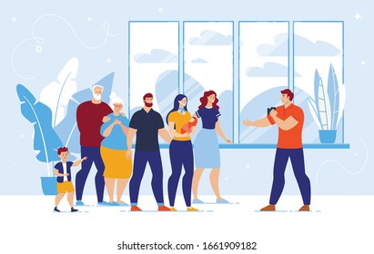 Large Happy Smiling Family With Newborn Baby Standing Together Posing For Group Photo. Man Uncle Taking Picture With Grandparent, Parent, Aunt And Children. Cheerful Relative. Vector Illustration