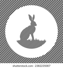 A large hare symbol in the center as a hatch of black lines on a white circle. Interlaced effect. Seamless pattern with striped black and white diagonal slanted lines