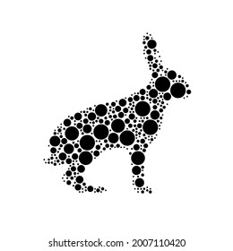 A large hare symbol in the center made in pointillism style. The center symbol is filled with black circles of various sizes. Vector illustration on white background