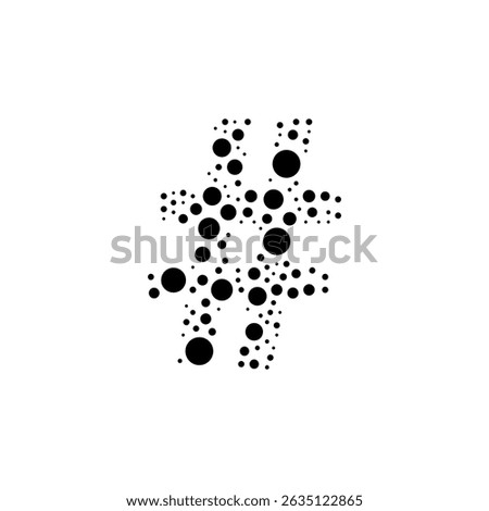 A large hash symbol in the center made in pointillism style. The center symbol is filled with black circles of various sizes. Vector illustration on white background