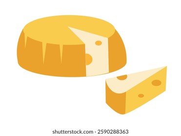 Large head of cheese and cut off piece. Food and traditional cuisine. Symbols and isolated vector illustration on white background. 