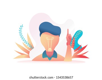 Large head in the form of a light bulb, the index finger shows up. Metaphor of the search for ideas. Concept leader, boss,    Vector flat illustration.