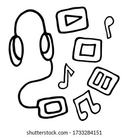 Large headphones are connected to the player. Play, pause, stop and note
 icons in doodle style isolated on white background. Sign icon. Usable as icon or symbol. Hand drawn black sketch