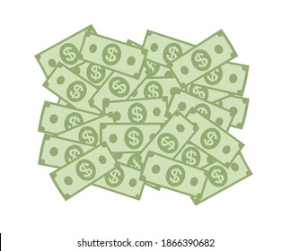 Large heap of dollar money background vector or big pile of cash paper currency flat cartoon illustration isolated on white background