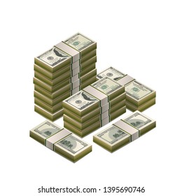 Large heap of one hundred US dollars banknotes, detailed coupure in isometric view isolated on white