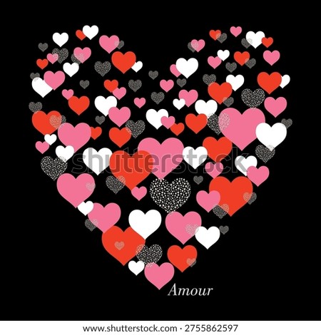 Large heart composed of many little red, pink, white, and glittery hearts with Amour typography on black background. Beautiful romantic graphic design for Valentine's day t-shirt print and apparel.