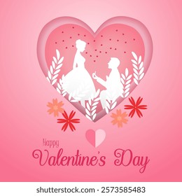 A large heart features Happy Valentine's Day in a festive font Inside silhouettes of a man kneeling and a woman standing surrounded by flowers create a romantic moment Valentines Day Love