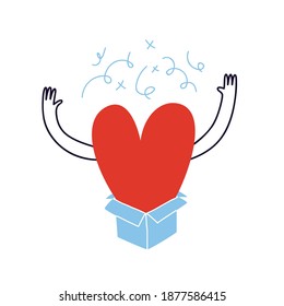 A large heart jumps out of a blue gift box. A loving doodle character in the form of a red heart throws out his hands, appearing from the inside. Vector stock illustration isolated on white background