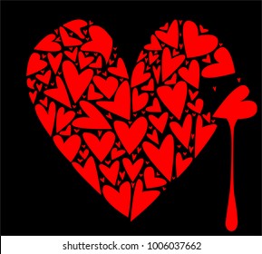 A large heart made up of several smaller hearts against a black background with a tear of blood.