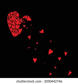 Un grand coeur composé de plusieurs coeurs plus petits se brisant sur fond noir.