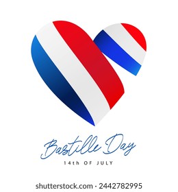 Large heart with a ribbon in the colors of the French flag. Bastille Day - July 14th. National holiday in France. Vector illustration on a white background.