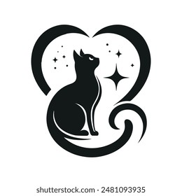 A large heart shape containing the silhouette of a cat sitting and gazing upwards vector 