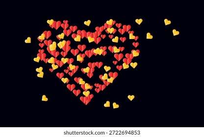 A large heart shape made of many small red and yellow hearts on a black background with a white 
border at the bottom
