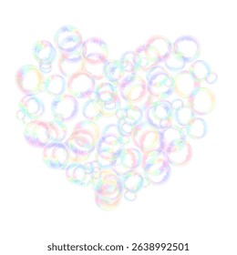 A large heart shape made up of transparent rainbow-colored soap bubbles.