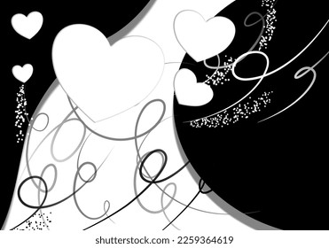 
A large heart surrounded by four small hearts also white, vector composition in white, black tones with gray lines. White Valentine's or Valentine's Day concept.