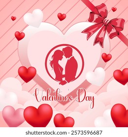 A large heart symbolizes love at the center with Valentine's Day written in festive font Inside a couplesilhouette embraces Red and white hearts a ribbon and diagonal linescomplete the romantic design