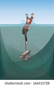 Large and heavy anvil pulls man down to the bottom, vector illustration