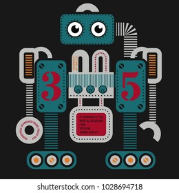 Large heavy robot illustration. Artistic design of futuristic mechanism. Design for kids.
