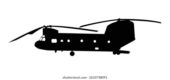 Large helicopter silhouette soaring through the sky with rotor blades