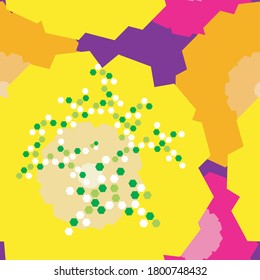 Large hexagon abstract flowers in yellow, pink and orange with a purple background. Pollen concept. Seamless pattern. 