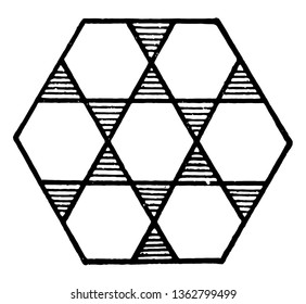 Gran hexágono con diseño interior con lados adyacentes. Los triangulares son sombreados, dibujos de líneas vintage o ilustración de grabado.