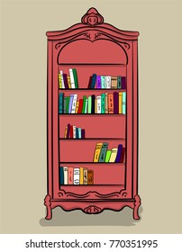 A large high cupboard of pink color with different books on the beige background. World Book Day eps 10 illustration