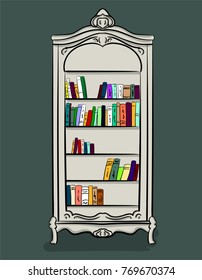 A large high cupboard of white color with different books on the gray background. World Book Day eps 10 illustration