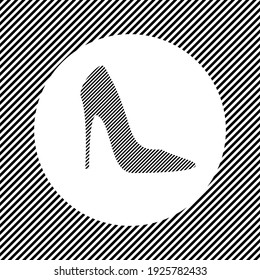 Ein großes High Heel Schuhsymbol in der Mitte als Luke von schwarzen Linien auf einem weißen Kreis. Interlaced-Effekt. Nahtloses Muster mit gestreiften, schwarz-weißer diagonaler Linie