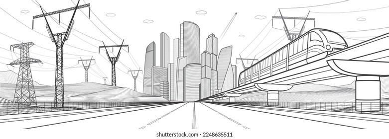 Large highway. Modern city illustration. High voltage transmission systems. Network of interconnected electrical. Train and enegry pylons at white background. Gray outlines, vector design  