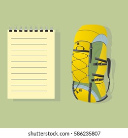 Large hiking backpack. Adventure traveler backpacker. Space for notes