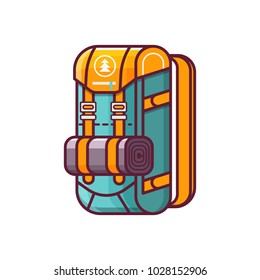 Large hiking backpack in flat design. Tourist rucksack with sleeping bag. Green camping classic back pack icon. Hiking bag vector illustration in line art style.