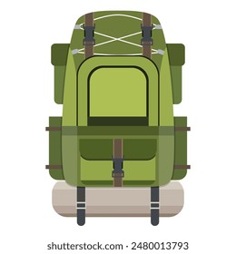 Large hiking backpack. Tourist rucksack with sleeping bag. Camping backpack isolated on white background. Vector illustration in flat design