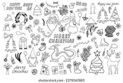 Large holiday collection with Christmas and New Year. Symbol of 2024 is Dragon. Various hand drawn doodle elements Merry Christmas and Happy New Year. Winter holiday attributes Santa, snowman, gifts.
