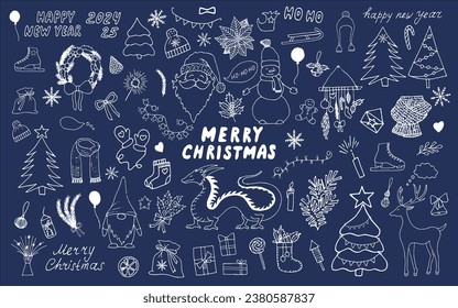 Large holiday collection of Merry Christmas and Happy New Year greetings. The symbol of 2024 is the Dragon. White outline on a blue background. Merry Christmas and Happy New Year doodle elements.